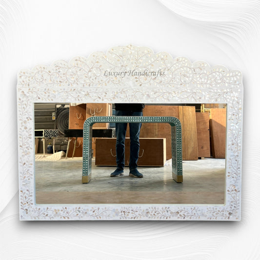 Mother Of Pearl Inlay Floral Crested Mirror White Large