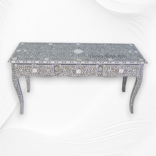 Mother Of Pearl Inlay Long Curved Leg Desk Grey 1