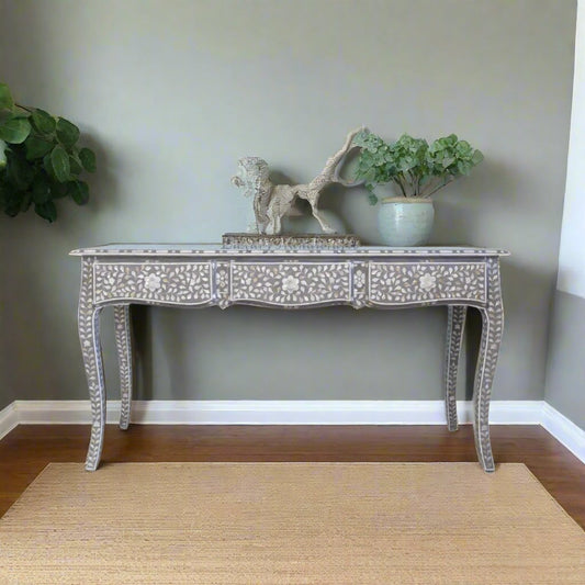 Mother Of Pearl Inlay Long Curved Leg Desk Grey