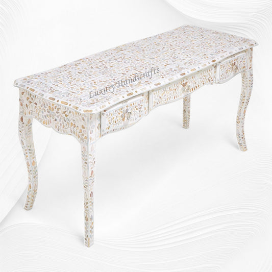 Mother Of Pearl Inlay Long Curved Leg Desk White 1