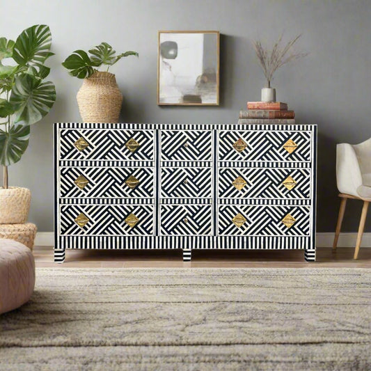 Optical Bone Inlay 9 Drawer Chest with Bone Base Black