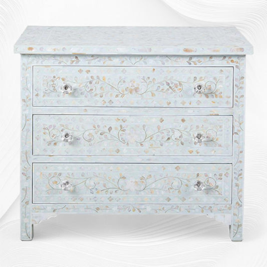 Pale Blue Mother Of Pearl Inlay 3 Drawer Chest Floral