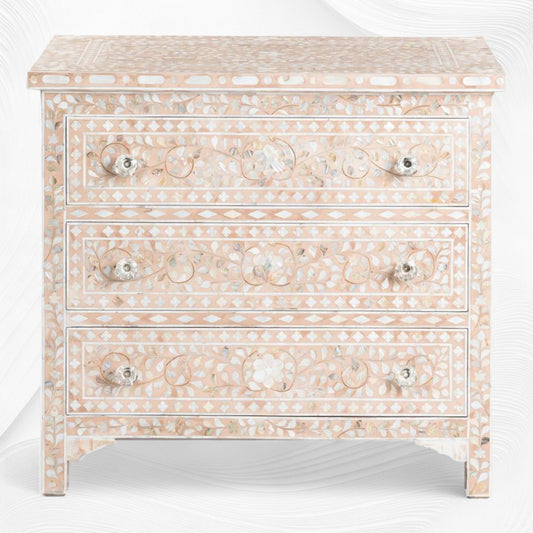 Pale Pink Mother Of Pearl Inlay 3 Drawer Chest Floral