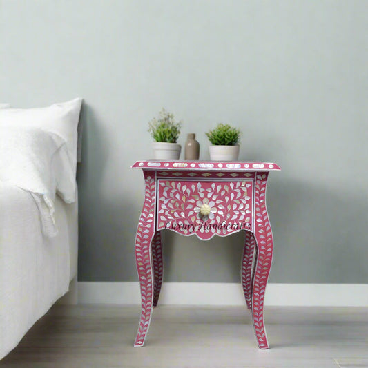 Pink Mother Of Pearl Inlay French Bedside 1 Drawer Floral Design