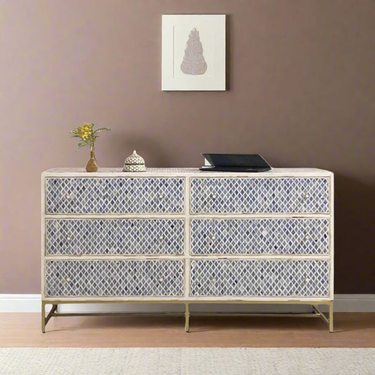 Quatrefoil Colored Bone Inlay Chest of 6 Drawers Blue
