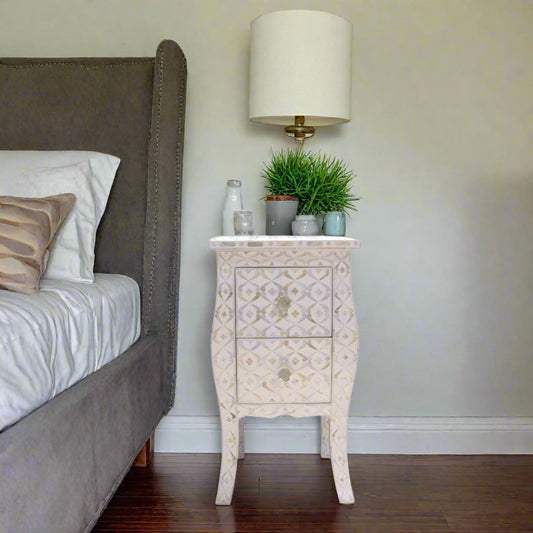 Quote Mother Of Pearl Inlay Bedside 2 Drawer White
