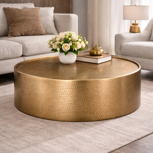 Ramila Round Hammered Coffee Table Brass Finish