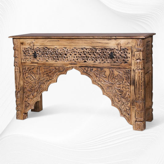 Reclaimed Wood Hand Carved Console Table 1
