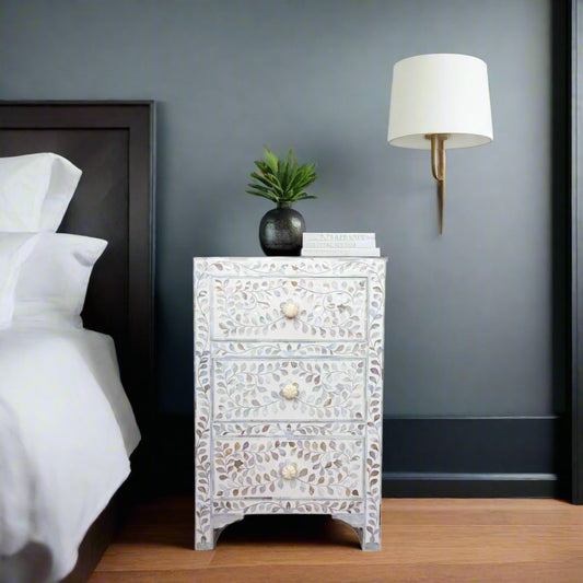 Rosa MOP Inlay 3 Drawer Bedside White