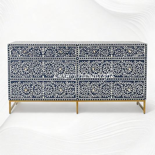 Scroll Vine Bone Inlay 6 Drawer Dresser Blue 1