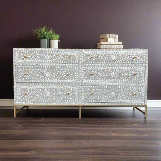 Scroll Vine MOP Inlay 6 Drawer Dresser Dove Grey