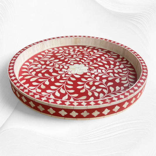 Small Round Bone Inlay Tray Floral Design Red
