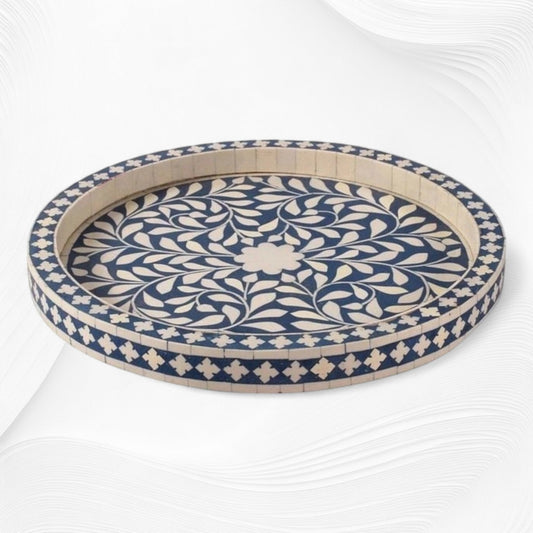 Small Round Bone Inlaid Tray Floral Design Blue