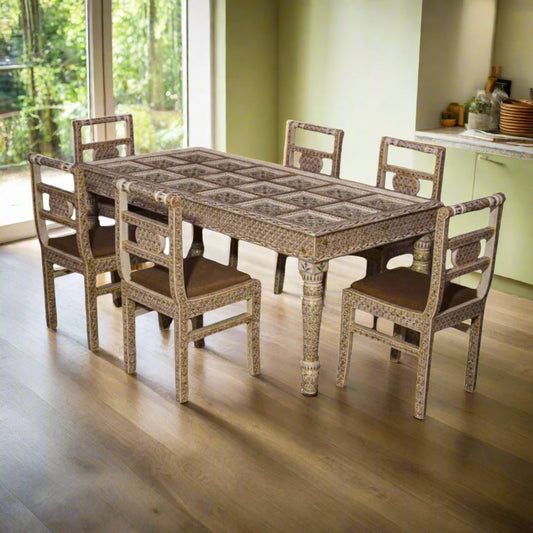 Sophie Hand Painted Bone Inlay 6 Seater Dining Table Set 7