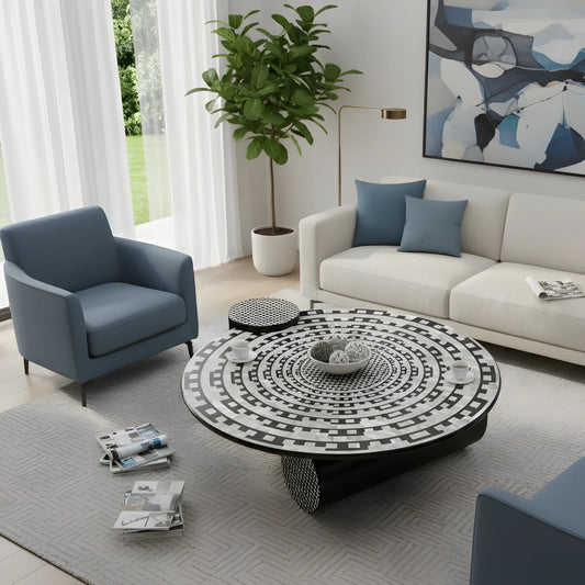 Modern living room with a round coffee table