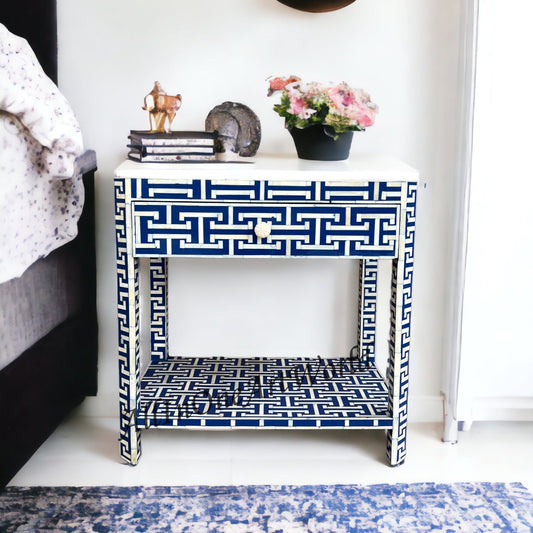 Indigo bone inlay bedside table with drawer and shelf