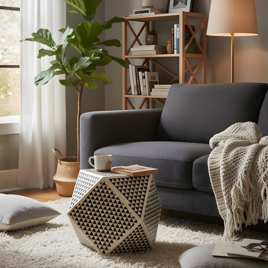 Cozy living room with a gray sofa, patterned side table, and bookshelf.