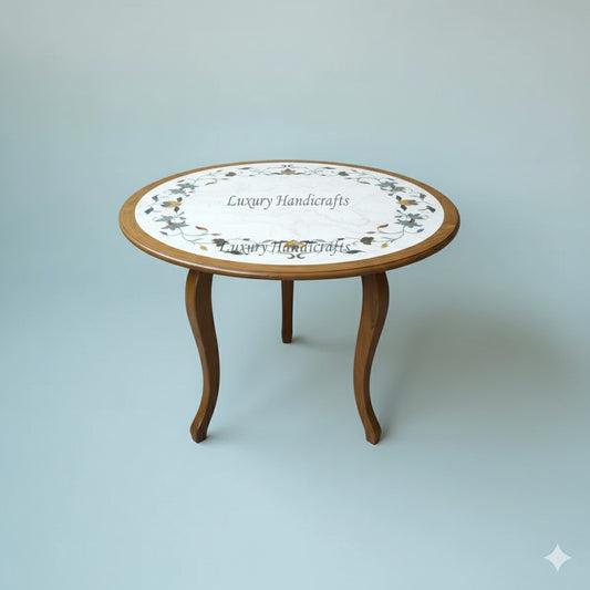 Round Italian Marble Dining Table Gemstone Inlay, Bench and 4 Chairs Set