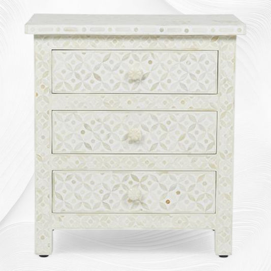 White Bone Inlay 3 Drawer Bedside Geometric