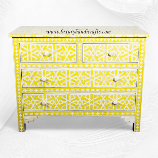 Abstract Bone Inlay Chest of 4 Drawers Yellow