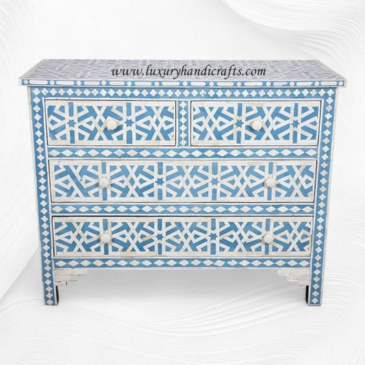 Abstract Bone Inlay Chest of 4 Drawers Blue