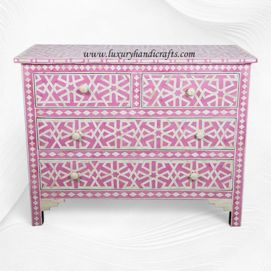 Abstract Bone Inlay Chest of 4 Drawers Pink