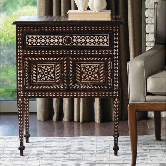 Bhawana Nightstand Mother of Pearl Inlay Walnut Finish