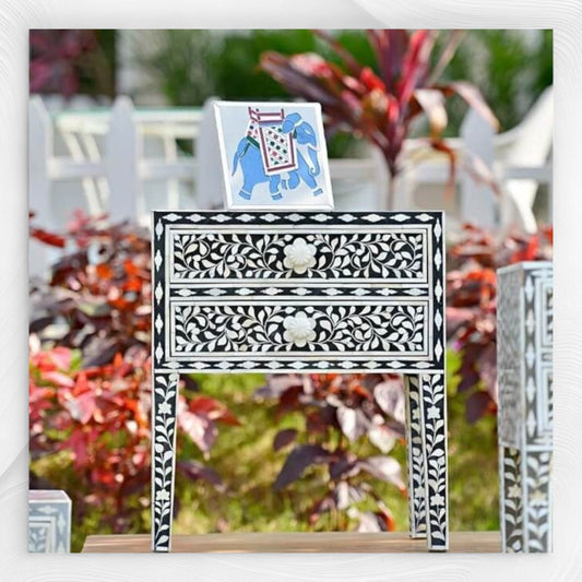 Black Bone Inlay 2 Drawer Bedside Long Leg