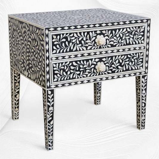 Black Bone Inlay 2 Drawer Bedside Long Leg