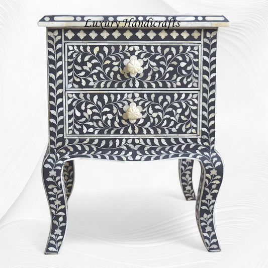 Black Bone Inlay Floral 2 Drawer Curved Leg Bedside