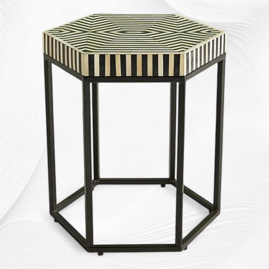 Black Bone Inlay Hexagonal Side Table Stripes