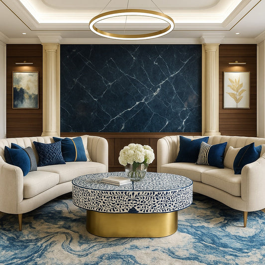 Blue Ella Colored Bone Inlay Oval Coffee Table