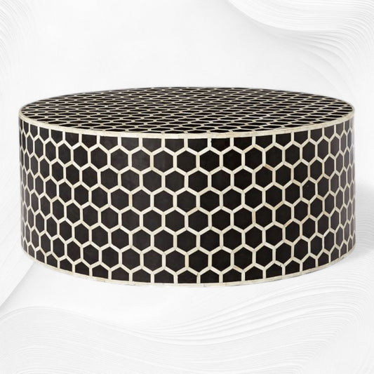 Bone Inlaid Round Coffee Table Honeycomb Black | Bone Inlay Centre Table