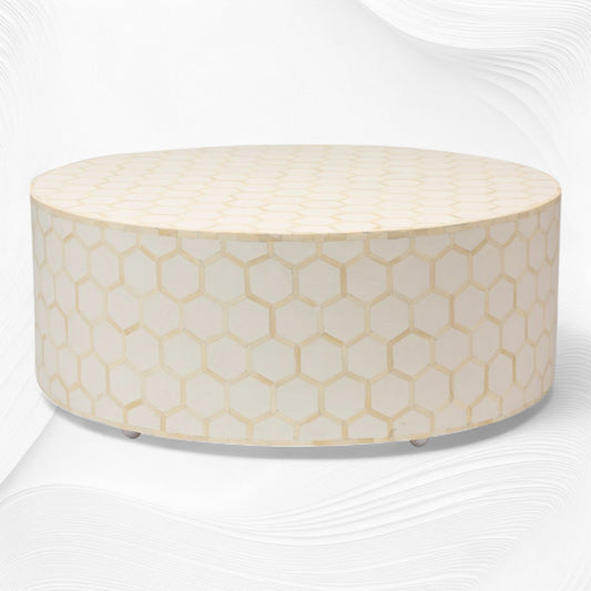 Bone Inlaid Round Coffee Table Honeycomb White | Bone And Wood Inlay Table