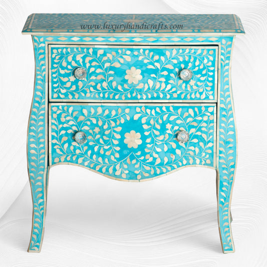 Bone Inlay 2 Drawer Small Chest Curved Legs Turquoise