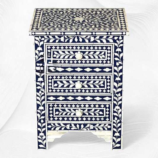 Bone Inlay Floral 3 Drawers Bedside Blue | Bone Inlay Nightstands