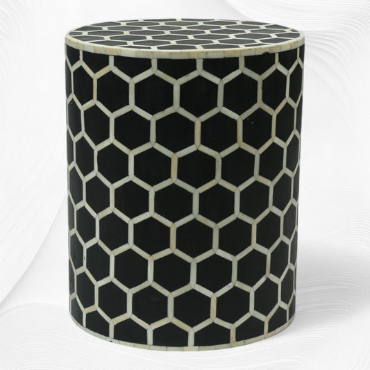Bone Inlay Round Stool Honeycomb Design Black
