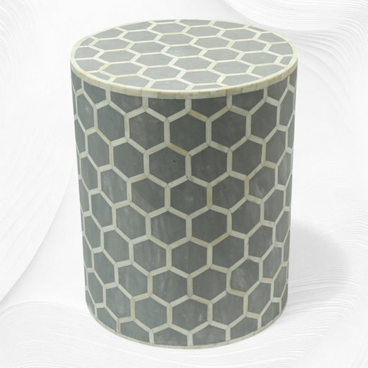 Bone Inlay Round Stool Honeycomb Design Grey