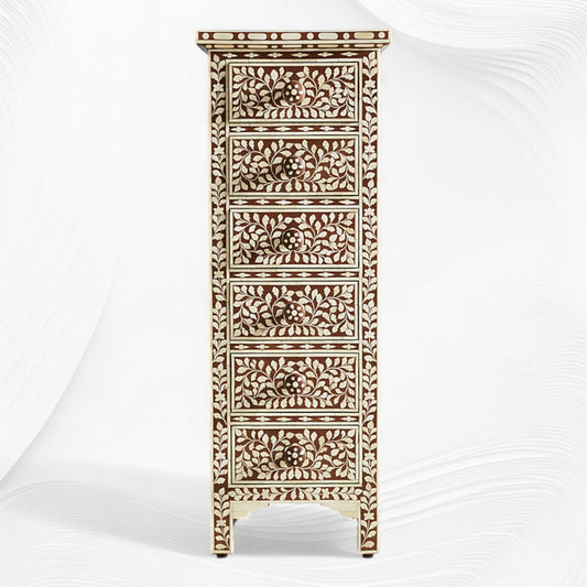 Brown Bone Inlay 6 Drawer Floral Lingerie Chest