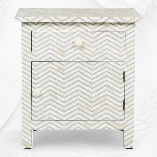 Chevron Bone Inlay Bedside 1 Drawer 1 Door Grey