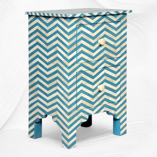 Chevron Bone Inlay Bedside 2 Drawer Aqua