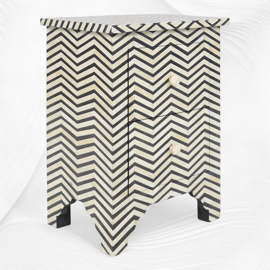 Chevron Bone Inlay Bedside 2 Drawer Black