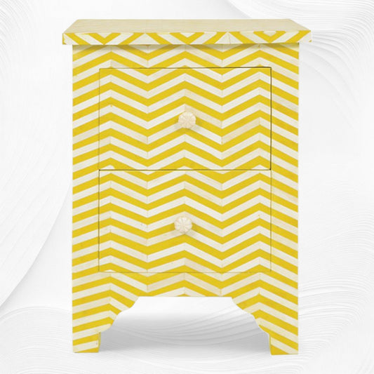 Chevron Bone Inlay Bedside 2 Drawer Yellow | Yellow Bedside Table