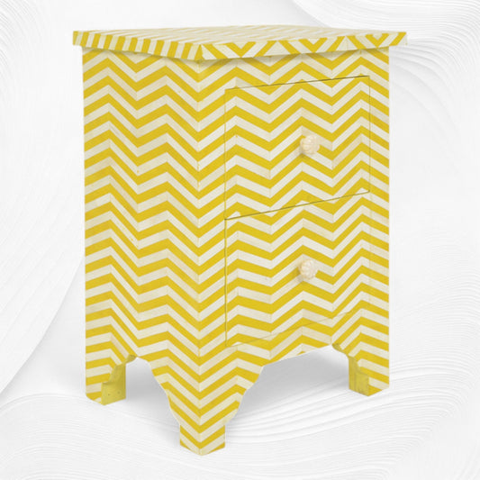 Chevron Bone Inlay Bedside 2 Drawer Yellow | Yellow Bedside Table