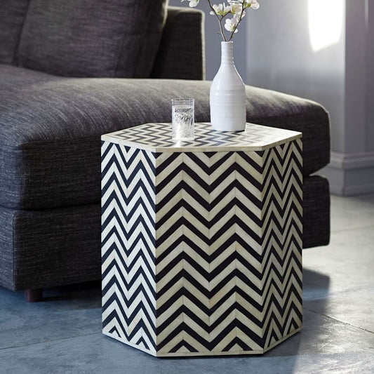 Chevron Bone Inlay Hexagonal Side Table Black