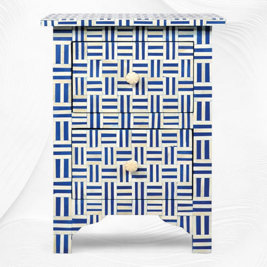 Cross Hatch Bone Inlay Bedside 2 Drawer Dark Blue