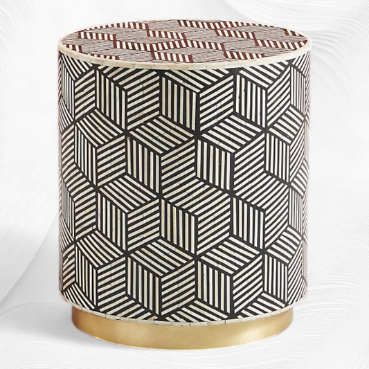 Cube Optical Bone Inlay Round Side Table Black