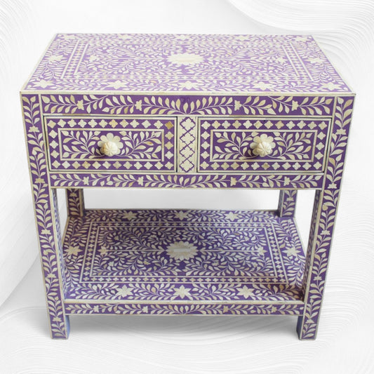 Dark Lavender Bone Inlay 2 Drawer 1 Shelf Bedside