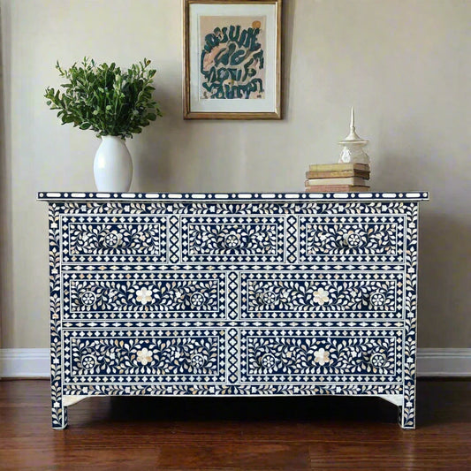 Dark Blue Mother of Pearl Inlay Chest Of 7 Drawers 1