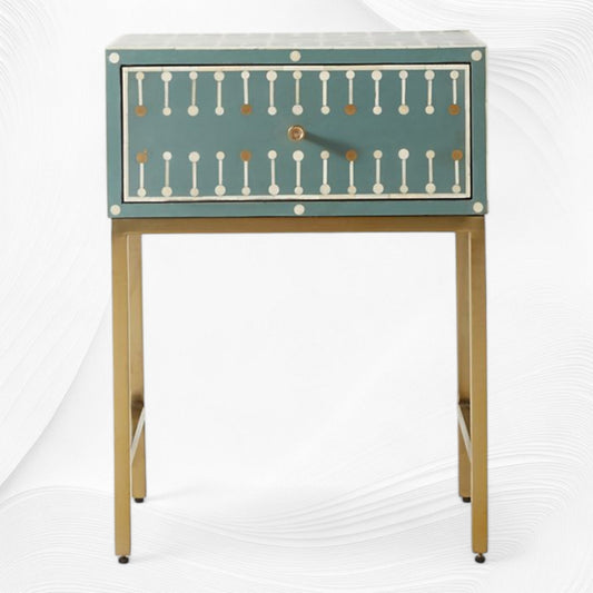 Dot Bone Inlay Nightstand 1 Drawer Dark Green | Luxury Bedside Tables